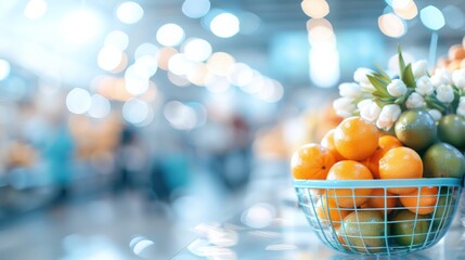 Naklejka premium Close-up of a basket filled with fresh fruits in a market setting, with a vibrant and colorful atmosphere in the background.