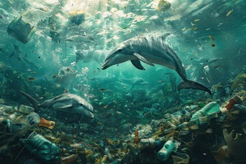 Fototapeta premium Majestic sea creatures like dolphins and sharks surrounded by floating plastic bottles and bags in a polluted ocean. The clear and detailed photo showcases the dire consequences of human actions on
