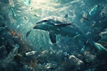 Fototapeta premium Majestic sea creatures like dolphins and sharks surrounded by floating plastic bottles and bags in a polluted ocean. The clear and detailed photo showcases the dire consequences of human actions on