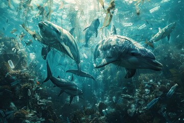 Obraz premium Majestic sea creatures like dolphins and sharks surrounded by floating plastic bottles and bags in a polluted ocean. The clear and detailed photo showcases the dire consequences of human actions on