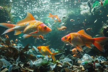 Sea life, including colorful fish, swimming amidst plastic waste and debris in a clear, high-quality underwater scene. This striking image emphasizes the impact of human negligence on the ocean