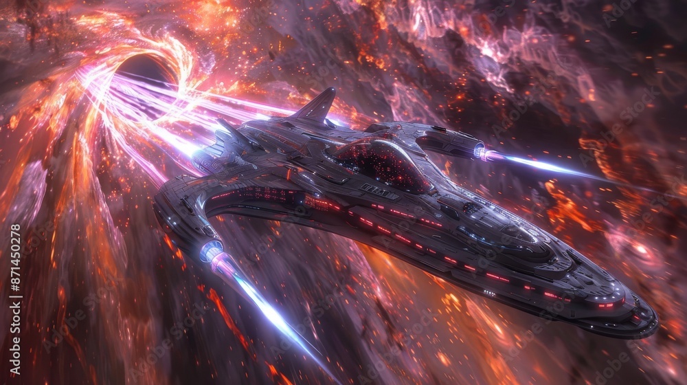 Poster an alien spacecraft approaching a wormhole, with vivid energy patterns surrounding the entrance gene
