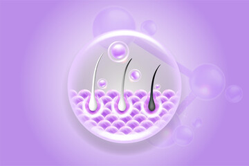 Hyaluronic acid and Niacinamide gray hair and skin solutions ad, purple collagen serum drops into skin cell with cosmetic advertising background ready to use, illustration vector.