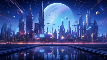 Fototapeta premium Futuristic cityscape with towering skyscrapers, vibrant neon lights, Hovering planets and moons are visible in a starry night sky. The scene reflects off a large body of water in the foreground