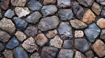Obraz premium Textured cobblestone surface with varied stone shapes and colors in a rustic grunge background long title Textured cobblestone surface with varied