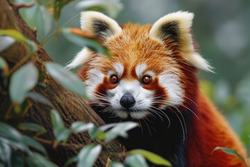 A detailed close-up shot of a red panda nestled in a tree, showcasing its striking fur and expressive eyes.
