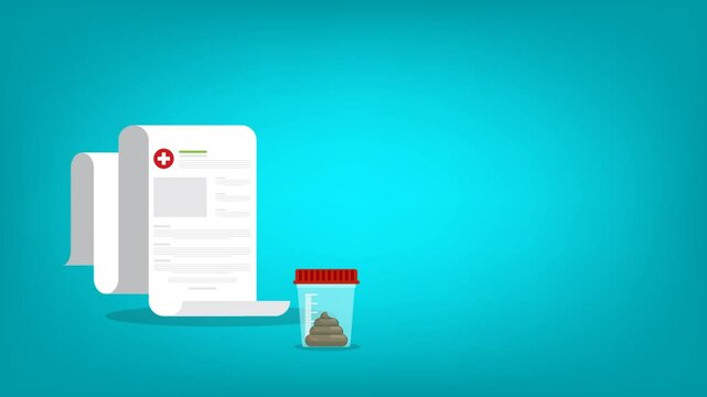 Stool analysis. Stool test. Medical research report clipboard with medical sample in a glass tube.	