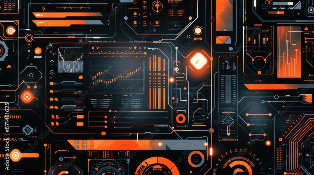Poster the image is a circuit board with orange highlights. it is a background image for a technology adver