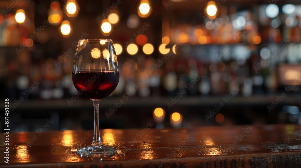Poster a glass of red wine on a bar counter with a blurred background of warm ambient lights, creating a co