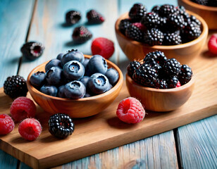 berries, blueberries, swissberries, raspberries on the kitchen table, on a wooden countertop, owoce leśne, bor&oacute;wki, jerzyny, maliny na stole w kuchni, na drewnianym blacie