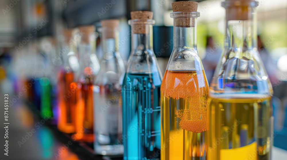 Poster various colorful science lab bottles filled with liquids, arranged in a row, showcasing laboratory e