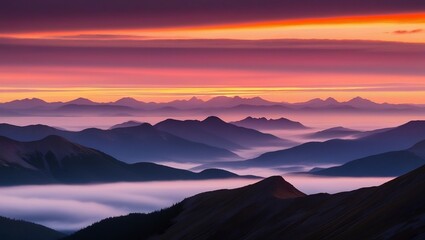 Fototapeta premium Majestic misty mountain range at sunset. Warm oranges, pinks, and purples blend into cool blues and greens. Dramatic backlighting creates silhouettes with a glowing horizon, evoking awe and wonder.