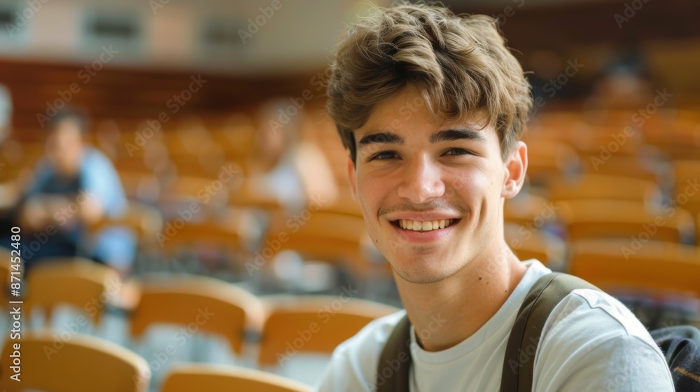 Poster a happy student smiling while sitting in a lecture hall, ready for a day of learning and academic en