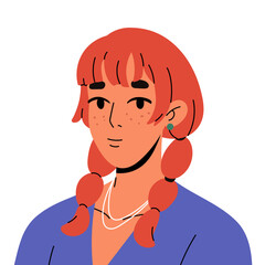 Cute redhead girl avatar. Portrait of young woman with freckles on happy face. Female user profile of red hair teenager with funny pigtails. Flat isolated vector illustration on white background