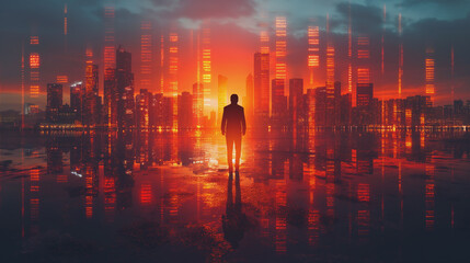 Professional businessman running urban landscape, financial chart