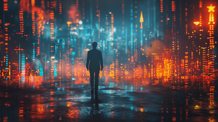 Professional businessman running urban landscape, financial chart