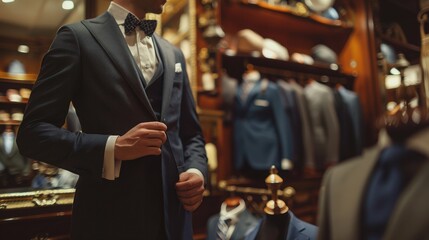 A man adjusts his suit jacket in an elegant boutique, surrounded by luxurious suits and sophisticated decor, showcasing style and refinement.
