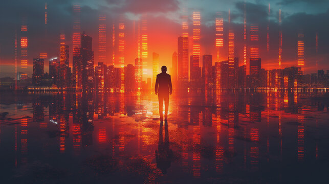 Professional businessman running urban landscape, financial chart