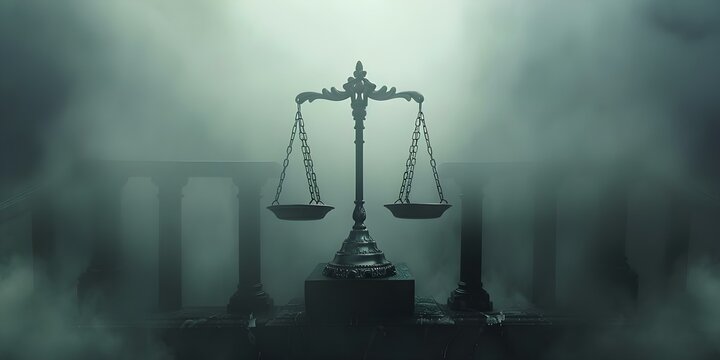 The enigmatic scales of justice in an eerie setting evoking a suspenseful scene of judgment. Concept Suspenseful Scene, Scales of Justice, Enigmatic Setting, Eerie Atmosphere