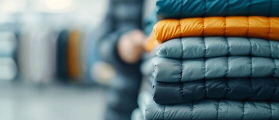 Close-up of stacked colorful jackets in a retail clothing store. Offers a vibrant and cozy style perfect for the winter season.