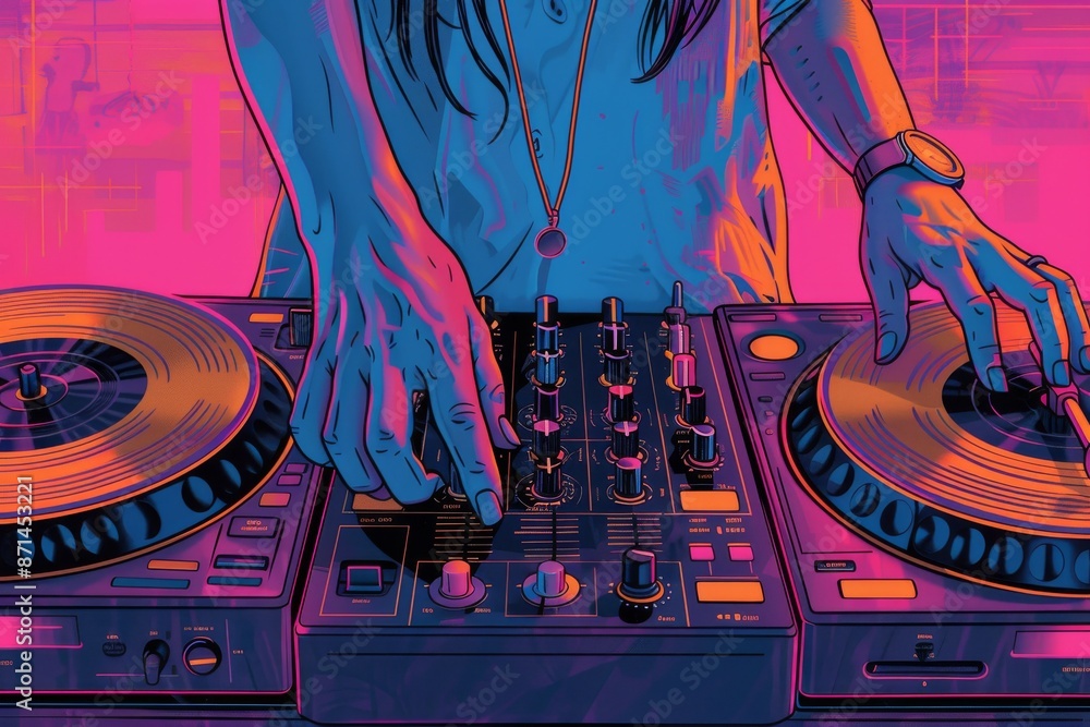 Aufkleber close up of a djs hands on the mixer emphasizing the skill and precision involved in creating music