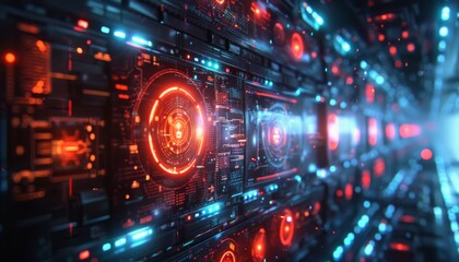 Fototapeta premium Holographic network protection neon lights futuristic setting cybersecurity visualization