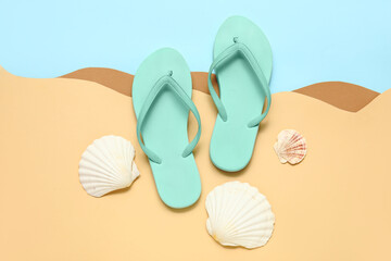 Flip flops with seashells on colorful background