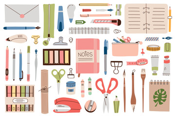 Vector illustration of stationery, cartoon collection of school and office supplies. Set of pencils, pens, notebooks. Flat doodles of rulers, highlighters, tools for art, education and organization