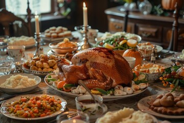 Fototapeta premium The gathering food and roasted chicken on the table