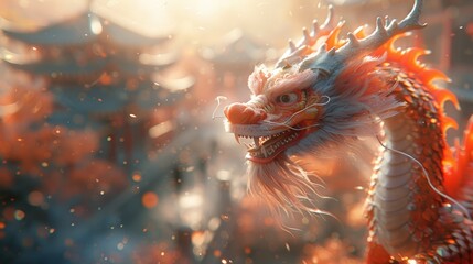 a dynamic dragon dance unfolds, showcasing the dragon's graceful movements and shimmering colors amidst the excitement of festive revelry.