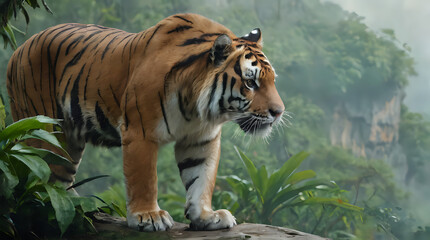 Obraz premium a tiger standing on a rock in the jungle