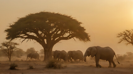 Obraz premium elephants walking in the dust in front of a tree in the desert
