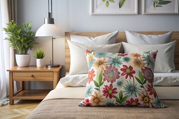 A bed with a floral pillow and a lamp on a nightstand