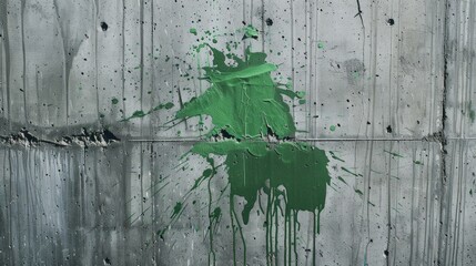 Green paint splattered on gray concrete wall