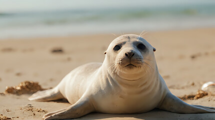 Obraz premium a seal laying on the sand on a beach with a blue ocean in the background