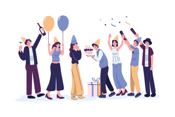 Happy people celebrating birthday party flat style illustration vector design