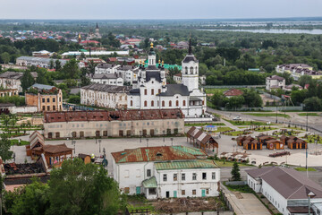 Tobolsk, Tyumen Region, Russian Federation - June 14, 2024. Church of the Resurrection of Christ and a view of the city from the Tobolsk Kremlin