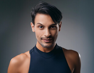 Empowered Non-Binary Individual in Female Swimsuit against White Studio Background