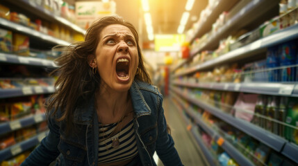 A woman screams in terror in a grocery store aisle, with a blurred background conveying a sense of urgency and chaos.