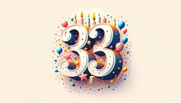 Decorative number 33 with candles, intricate floral and ornamental design, artistic representation for birthdays or celebrations