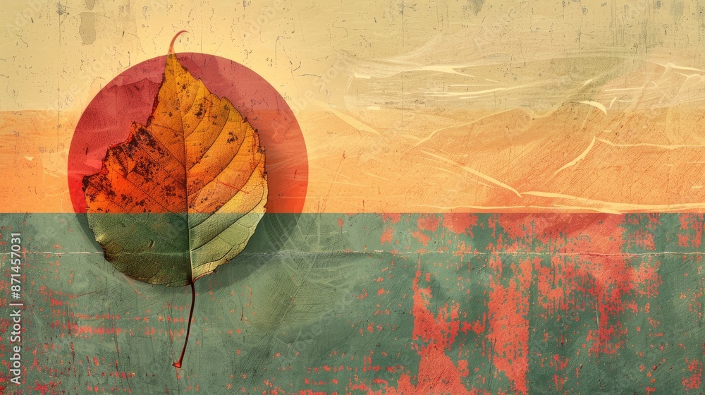 Wall mural Vintage sunset background with autumn leaf abstract retro design