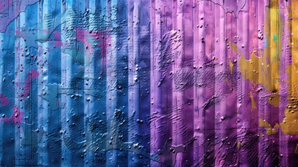 Multicolored tin with glitchy texture on gradient background featuring ribbed surface with scratched purple blue and yellow lines