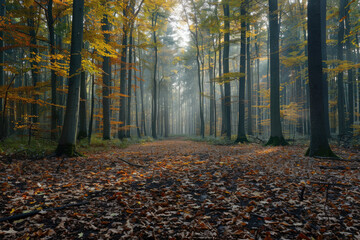 Sunshine penetrates the forest, autumn