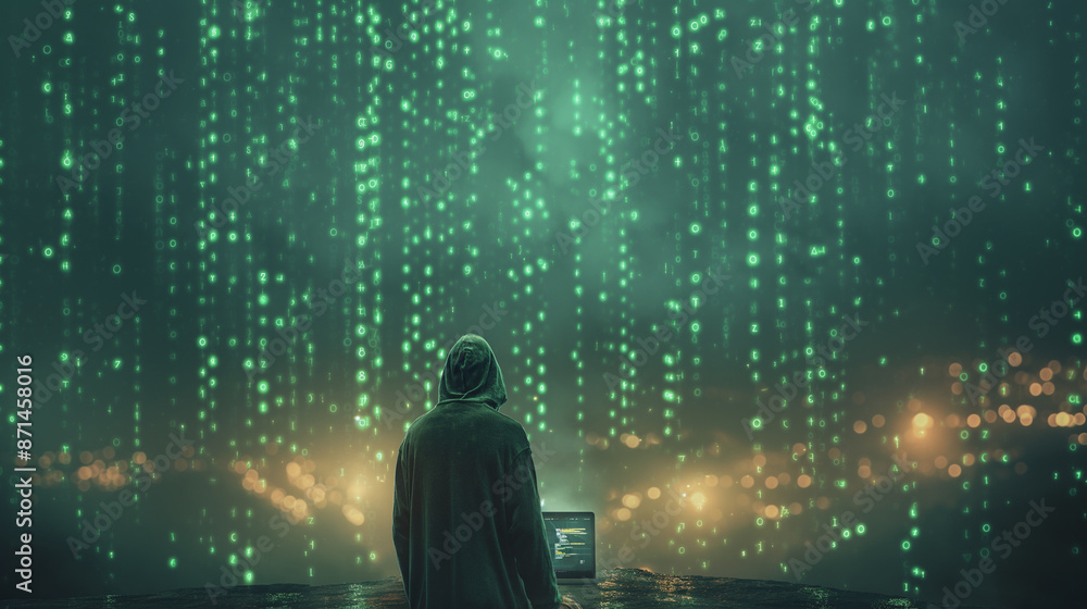 Poster a man is sitting in front of a computer screen with a green background. the man is wearing a hoodie 