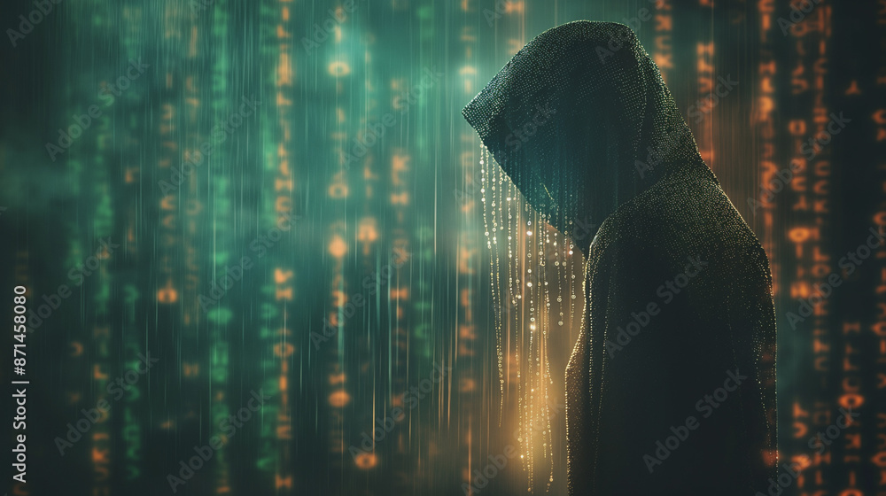Poster a person is standing in a rainstorm with a hood over their head. the rain is falling in a pattern th