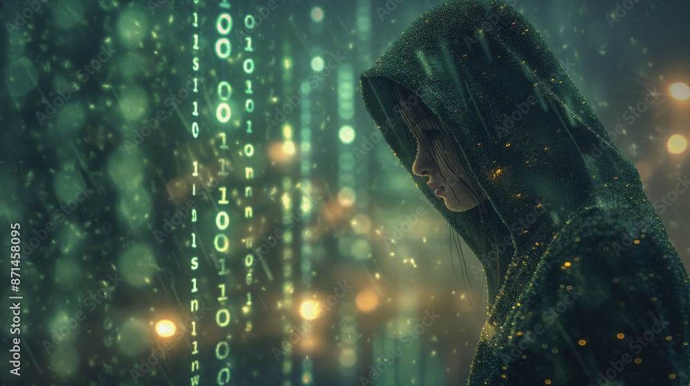 Poster a woman is standing in front of a wall of binary code. the image has a futuristic and mysterious vib