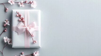 Elegant wrapped gift with pink ribbon and cherry blossoms on light grey background. Perfect for celebrations and special occasions.