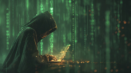 A man is sitting in front of a computer with a hood over his head. The computer screen is glowing and the man is typing on it. Concept of mystery and secrecy, as the man is hidden from view