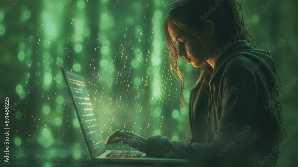 Poster a woman is sitting at a table with a laptop open in front of her. she is typing on the keyboard and 