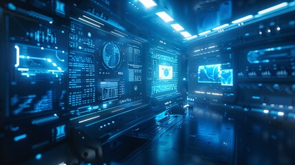 Fototapeta premium Futuristic AI Interface with Glowing Blue Holographic HUD Elements. Sleek Design in a Dimly Lit Room, Creating an Advanced, High-Tech Atmosphere